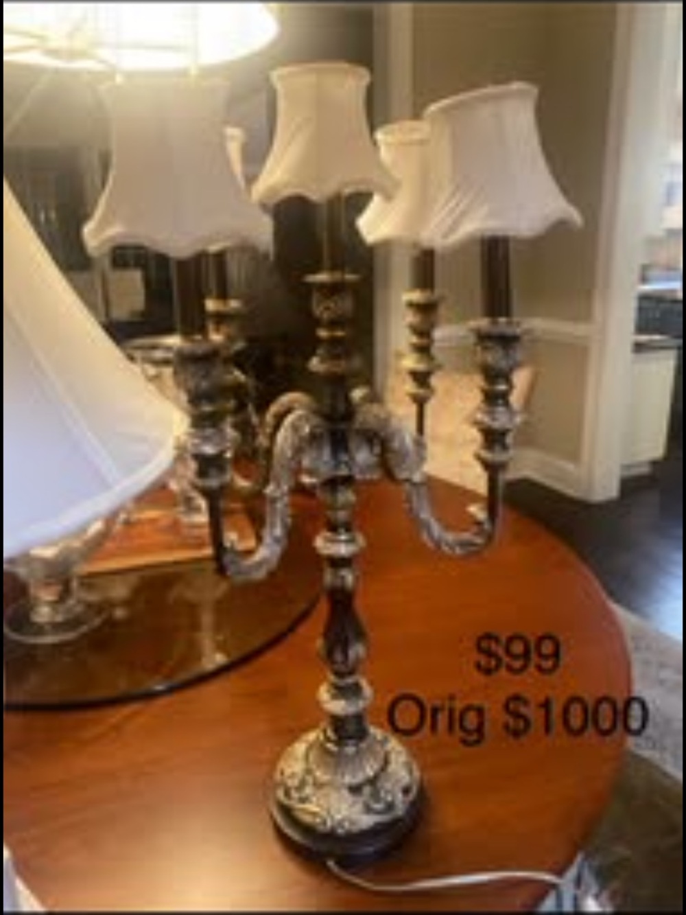 Antique-Style Silver and Black 5-Arm Candelabra Lamp with White Shades